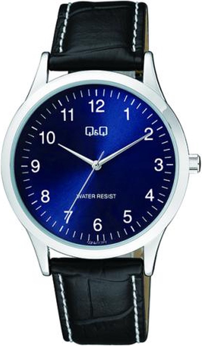 QQ C08A-012PY - Horloge - Heren - Mannen - Leren band - Rond - Staal - Cijfers - Zwart - Zilverkleurig - Blauw