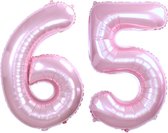 Folie Ballon Cijfer 65 Jaar Roze Verjaardag Versiering Helium Cijfer Ballonnen Feest versiering Met Rietje - 86Cm