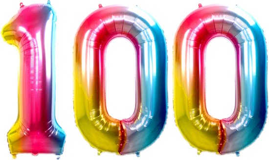 Folie Ballon Cijfer 100 Jaar Regenboog Verjaardag Versiering Helium Cijfer Ballonnen Feest versiering Met Rietje - 86Cm