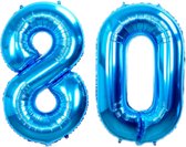 Folie Ballon Cijfer 80 Jaar Blauw Verjaardag Versiering Helium Cijfer Ballonnen Feest versiering Met Rietje - 86Cm