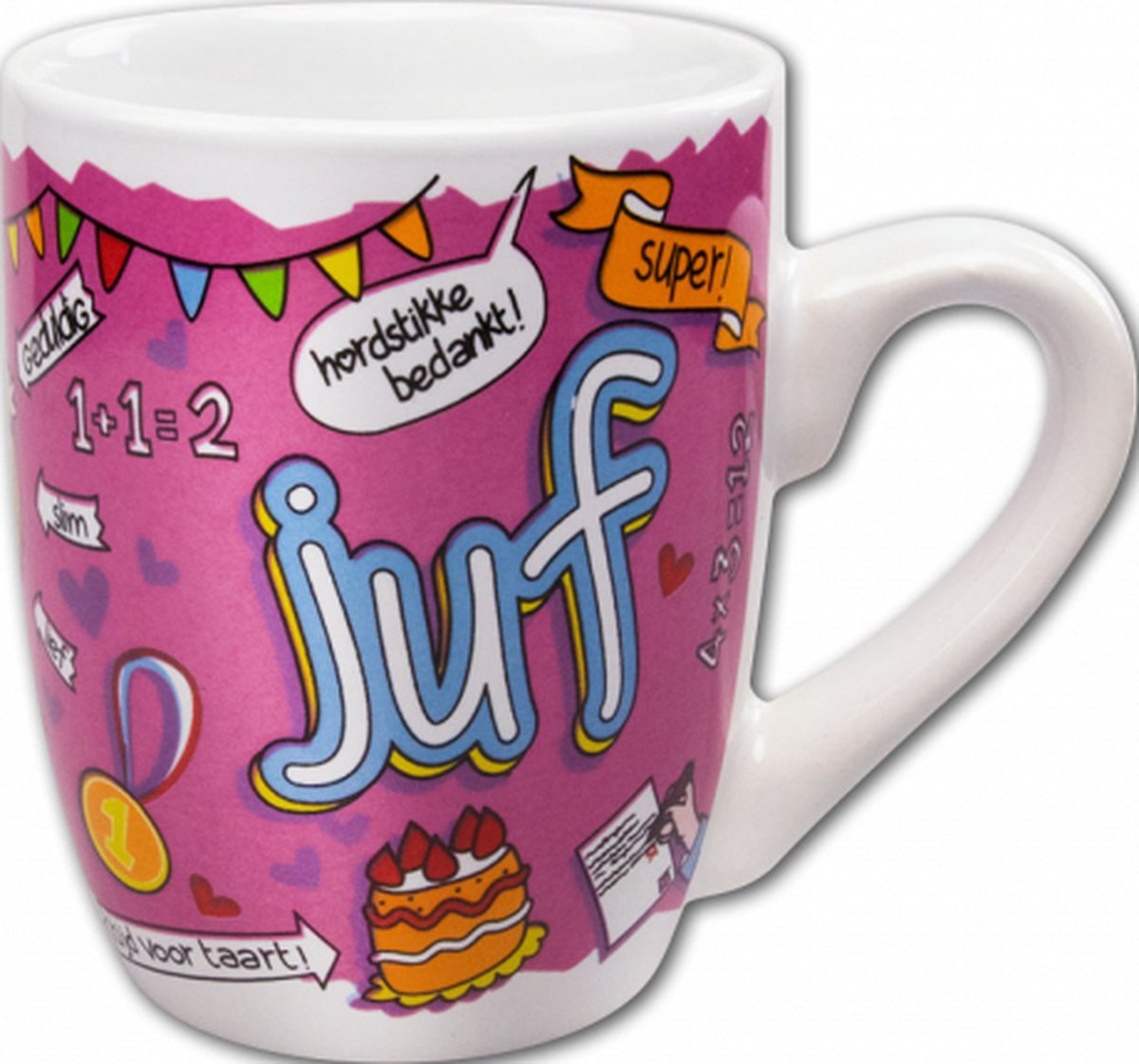 Cartoon - Mok -Voor de allerliefste juf - Gevuld met een snoepmix - In cadeauverpakking met gekleurd lint
