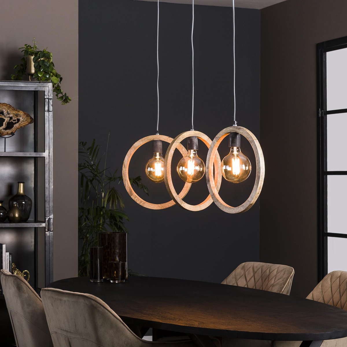 Eettafel hanglamp | 3 lichts | 150 cm | ⌀ 35 cm | bruin | massief mangohout / metaal | modern / landelijk design