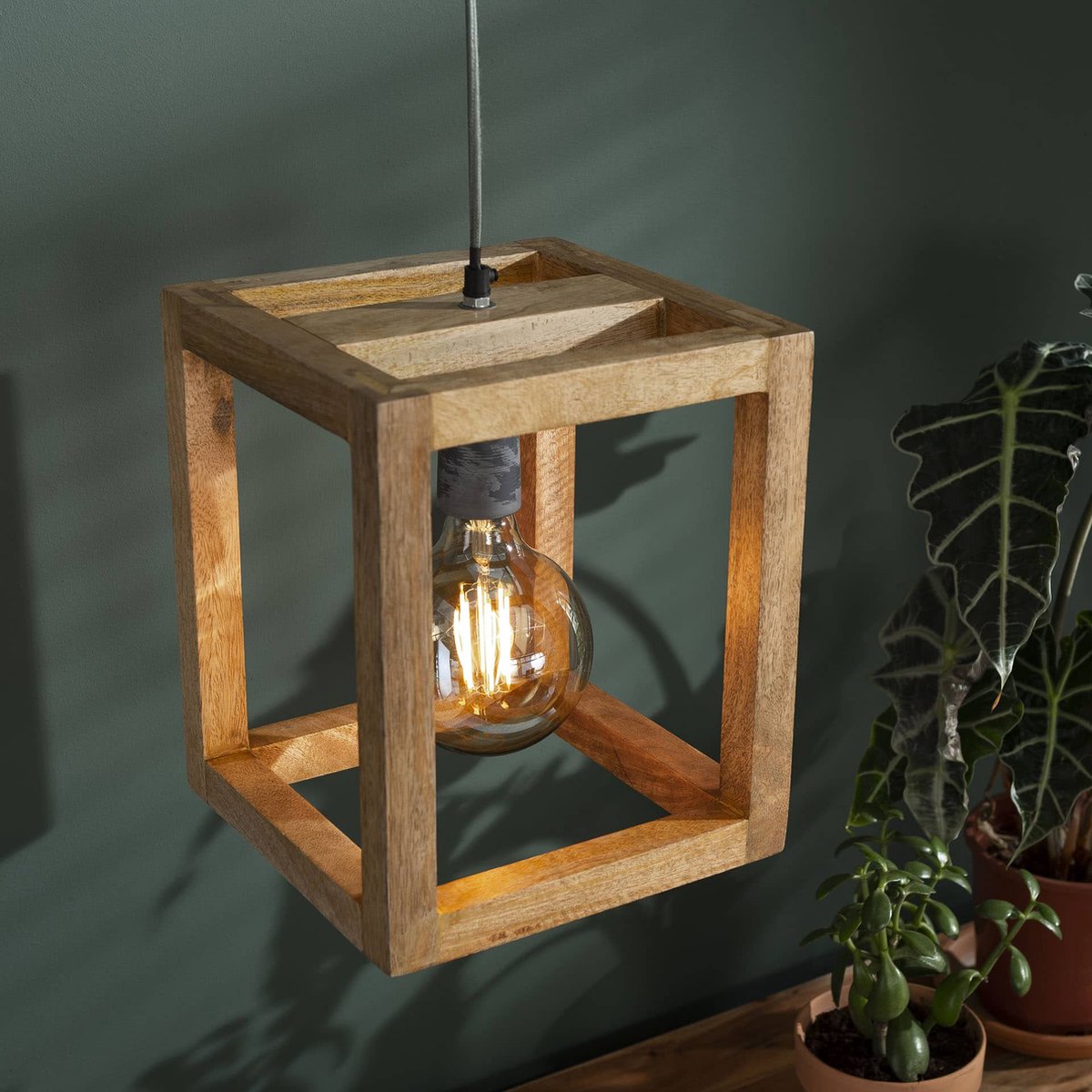 Hanglamp houten frame | 25 x 25 x 30 cm | 1 lichts | woonkamer | bruin | modern / landelijk design