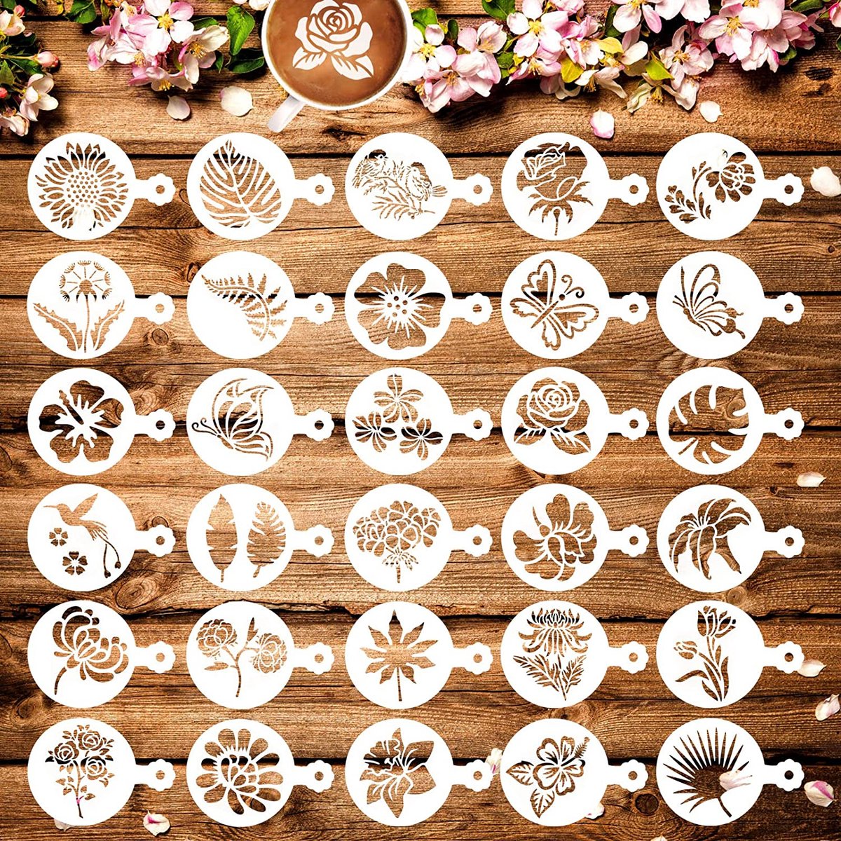 16 pochoirs en plastique pour mousse de cappuccino, à vaporiser, pour décorer soi-même son café 16 pochoirs en plastique pour mousse de cappuccino, à vaporiser, pour décorer soi-même son café