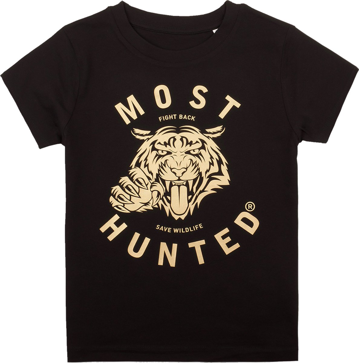 Most Hunted - kinder t-shirt - tijger - zwart - goud - maat 134/146