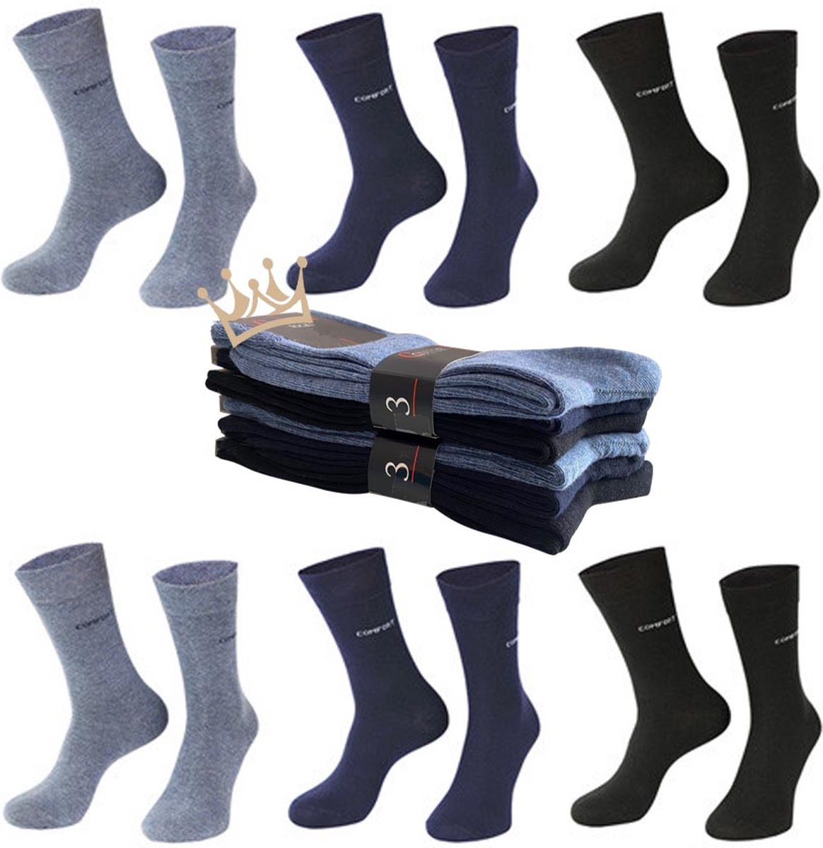 Nakkie's luxe katoenen sokken die niet knellen - 6 paar - Maat 47-50 - Ruime boord - Wijde boord - Naadloos - Blauw mix - Cadeau tip - vaderdag kado tip