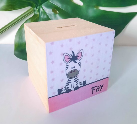Houten spaarpot - Zebra - Jungle - Safari - Dieren - Sterren - Meisje - Baby - Roze - Kraamcadeau - Hout - SVP NAAM DOORGEVEN PER E-MAIL van Houten — afbeelding 3