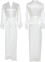 Kimono satijn, bride kimono, kimono bruid, dames badjas, lang met kant, kleur: wit, luxe cadeau dames