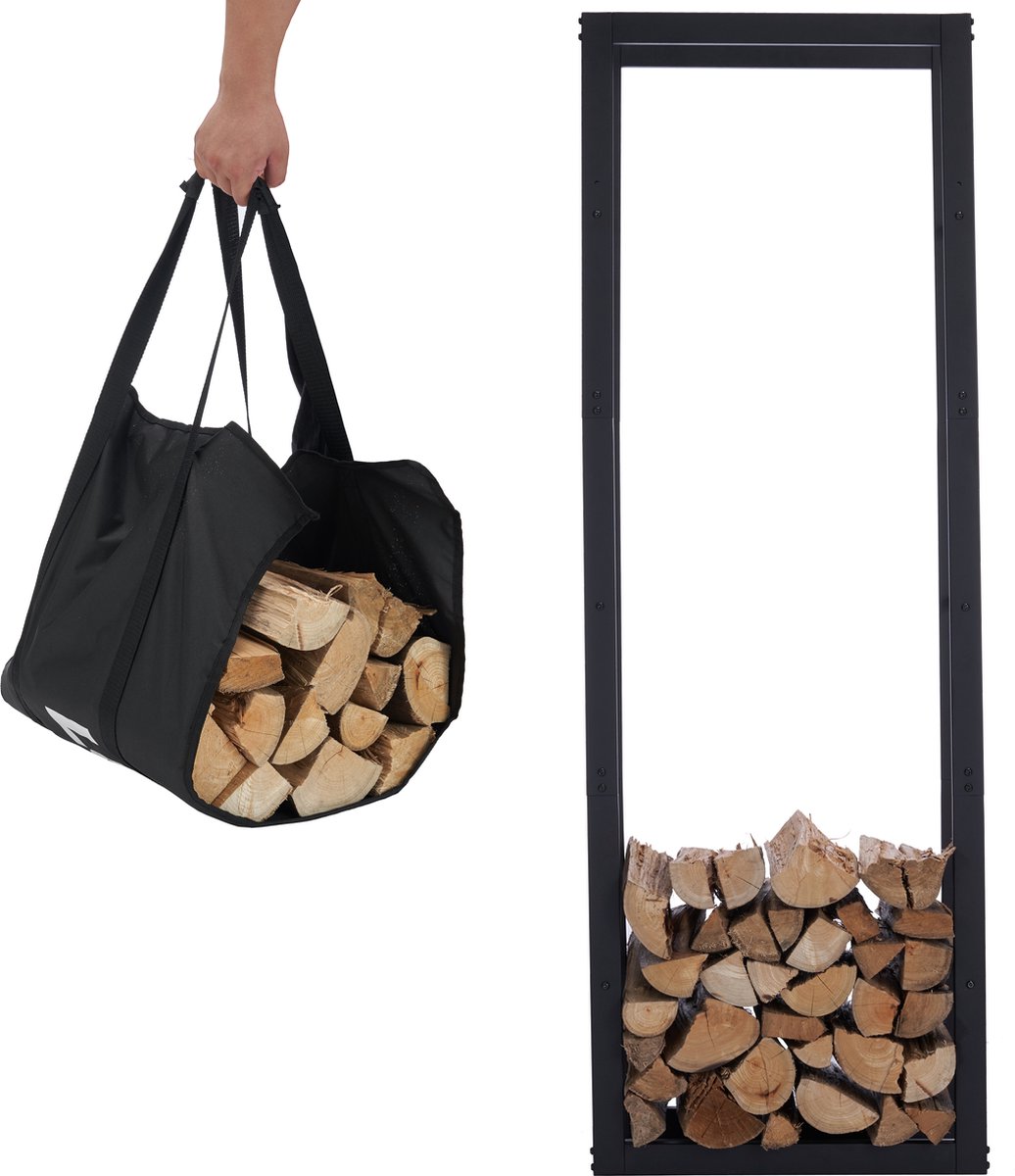 Lendo Online brandhoutrek 50x25x148cm + draagtas– Binnen en buiten haardhout opslag – haardhoutrek – houtopslag – zwart metaal