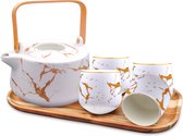 LiTuGoods® Japanse stijl theeset, vaatwasbestendig wit goud keramiek,Theepot 1200ml met theefilter, 4 kopjes 220ml, onderlegger in hardhout