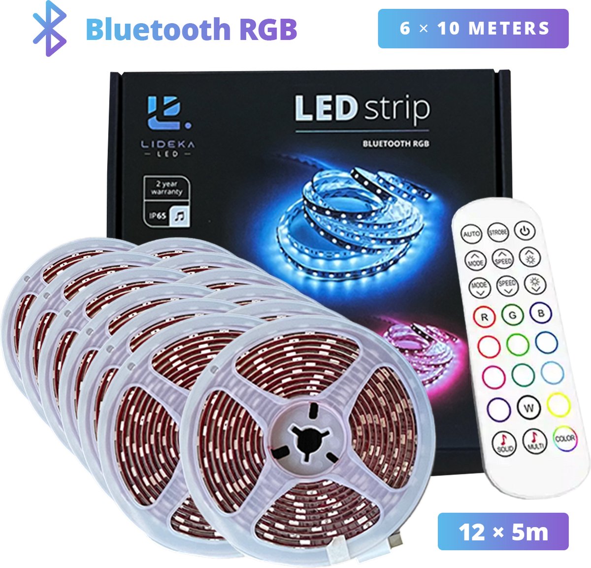 Lideka® – LED Strip 60 meter (12x5) – Bluetooth – met App Control – RGB – Met Afstandsbediening – Met Kleurverandering – Zelfklevend