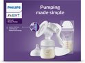 Philips Avent handkolfset met fles, speen, bewaarzak en zoogkompressen. De doos is paars met productinformatie.