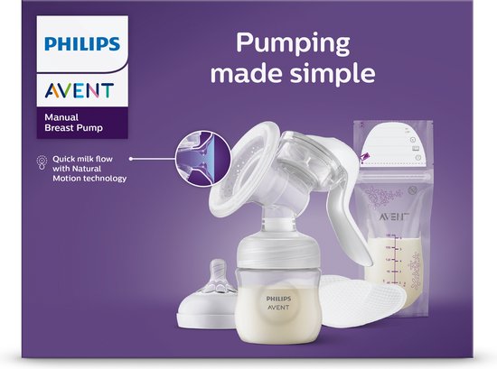 Philips Avent handkolfset met fles, speen, bewaarzak en zoogkompressen. De doos is paars met productinformatie.