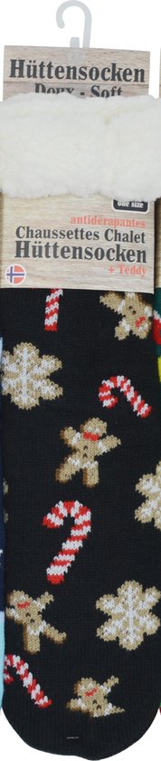 Kerstsokken - Happy unisex huissokken - Extra Warm en zacht - Anti-Slip - Huttensocken fantasie snoep en koekjes - one size