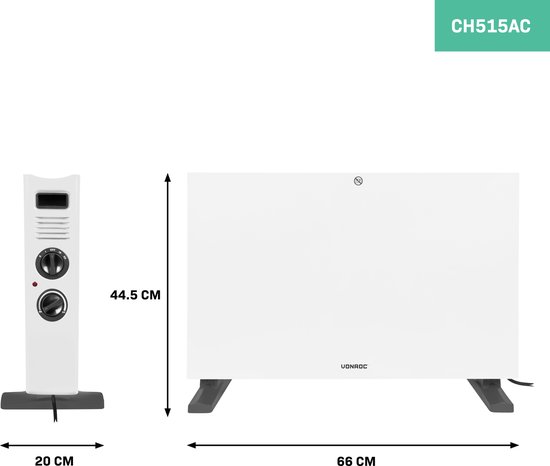 VONROC Elektrische kachel - Convectorkachel met ingebouwde radiator ventilator - 2 standen: 1250W/2000W - Regelbare thermostaat -  Verwarmt ruimtes tot 24m2 – Modern design - Wit