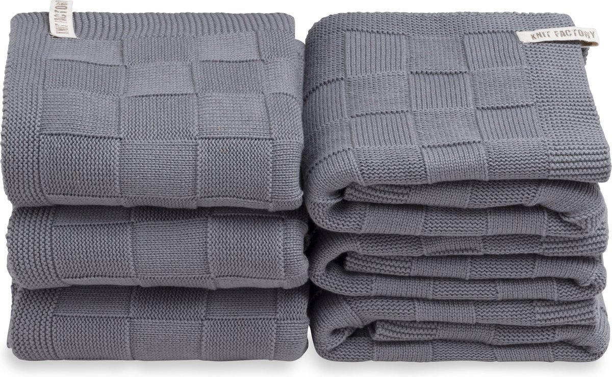 Knit Factory Gebreide Handdoek Ivy - Handdoek badkamer - Med Grey - Grijs - 60x110 cm - Katoen