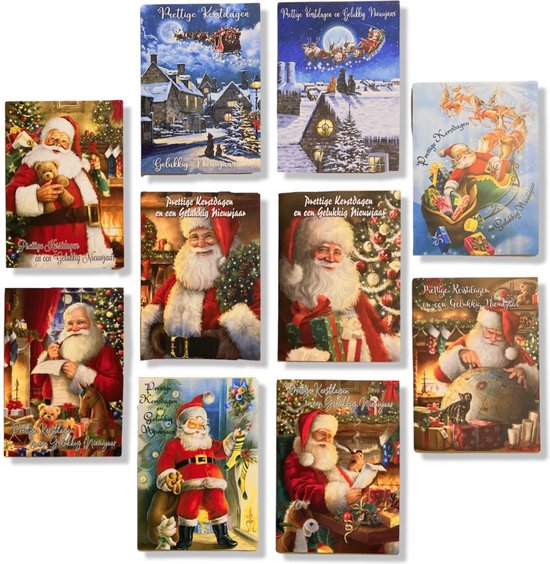 50 Luxe Kerst- en Nieuwjaarskaarten met Pen- 10 x 5 dubbele kaarten met enveloppen - serie Santa