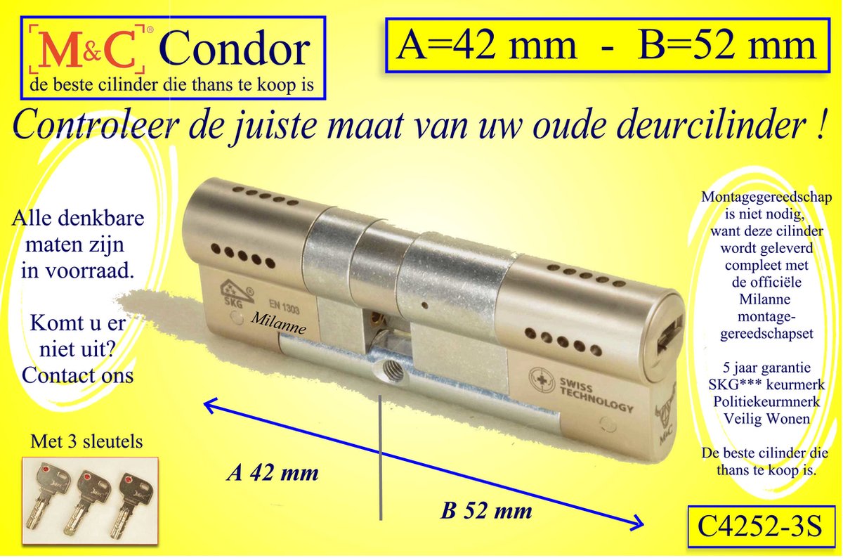 M&C Conder high-tech security deurcilinder 42x52 mm MET 5 SLEUTELS - SKG*** - Politiekeurmerk Veilig Wonen - inclusief MilaNNE gereedschap montageset
