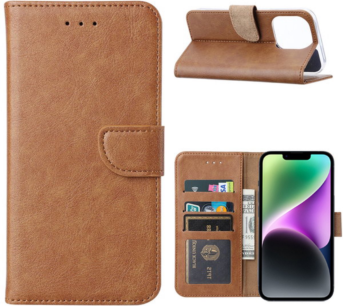 iPhone 14 hoesje bookcase hoes - Arara book case hoesje voor iPhone 14 - Bruin