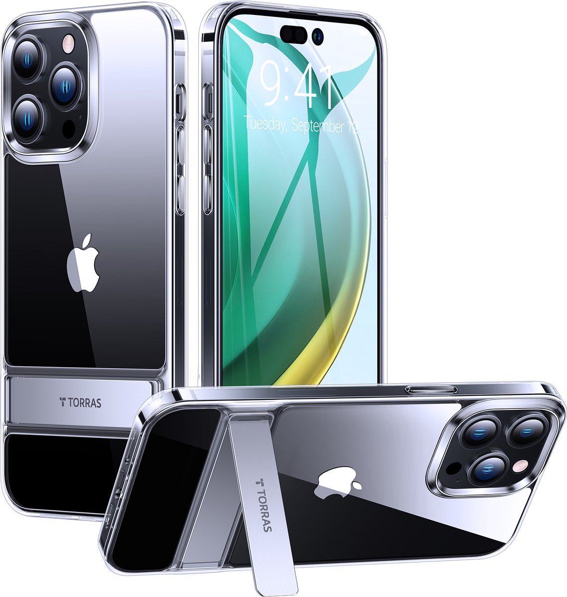 Torras iPhone 14 Pro compatibel Transparant & Kickstand standaard hoesje