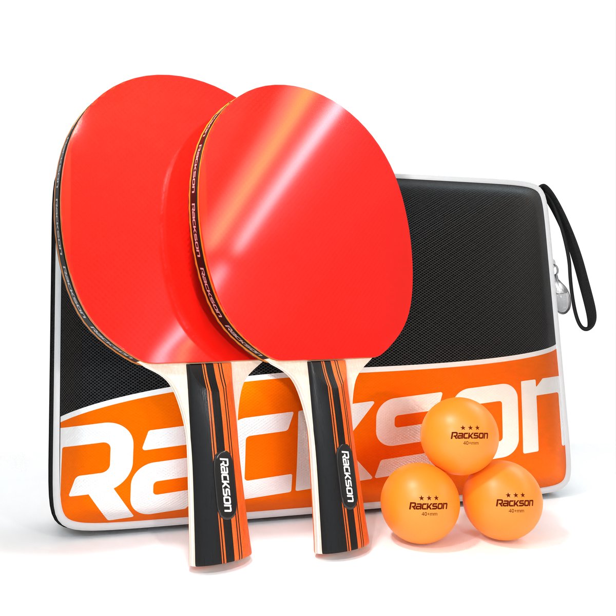 RACKSON Professionele Tafeltennis Set voor 2 Spelers - Tafeltennis Set - Tafeltennis Batjes - Pingpong Set - Pingpong Batjes - Tafeltennisballen - Pingpongballen - Oranje | Zwart | Rood