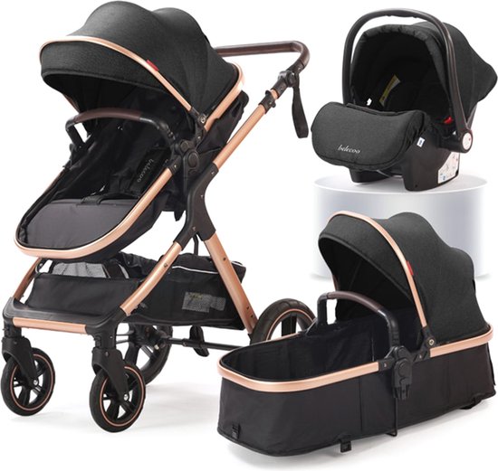 Brandie® - Kinderwagen 3 in 1 - Baby Stroller Ideaal Voor Dagjes Uit - Wandelwagen - Opvouwbaar + Draagbare - Capaciteit 15 Kg - Met Veiligheidszitje - Multifunctionele - Geschikte Leeftijd 36 Maanden - Met Mand - Maat 42,3*23,3*30,5 inch - Zwart