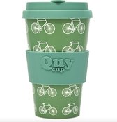 Quy Cup 400ml Ecologische Reis Beker - "La Bici" - BPA Vrij - Gemaakt van Gerecyclede Pet Flessen met Groene Siliconen deksel