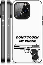 Telefoonhoesje iPhone 14 Pro Back Case Siliconen Hoesje met Zwarte rand Pistol Don't Touch My Phone