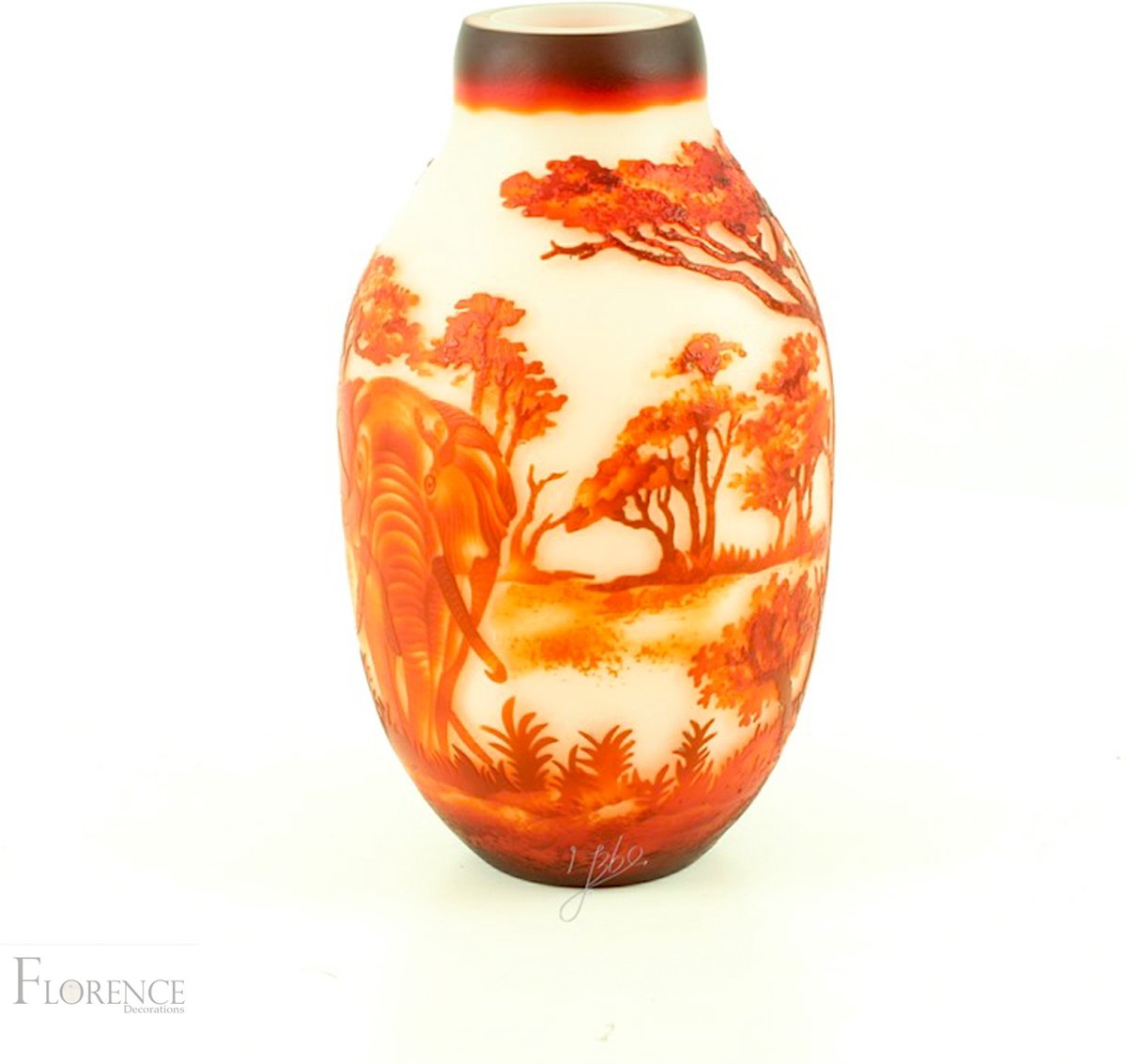 Cameoglas balustervaas 'African Elephant' - Vaas - decoratieve cameoglas vaas Afrikaanse olifant - reliëfgravure met savanne - massieve kwaliteit - 29,5 cm hoog Ø17 cm - roodoranje/wit