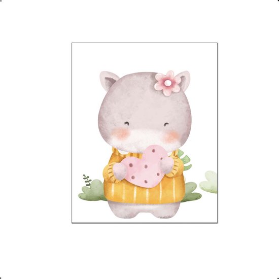 PosterDump - Aquarel nijlpaard met hartje liefde - Baby / kinderkamer poster - Dieren poster - 70x50cm