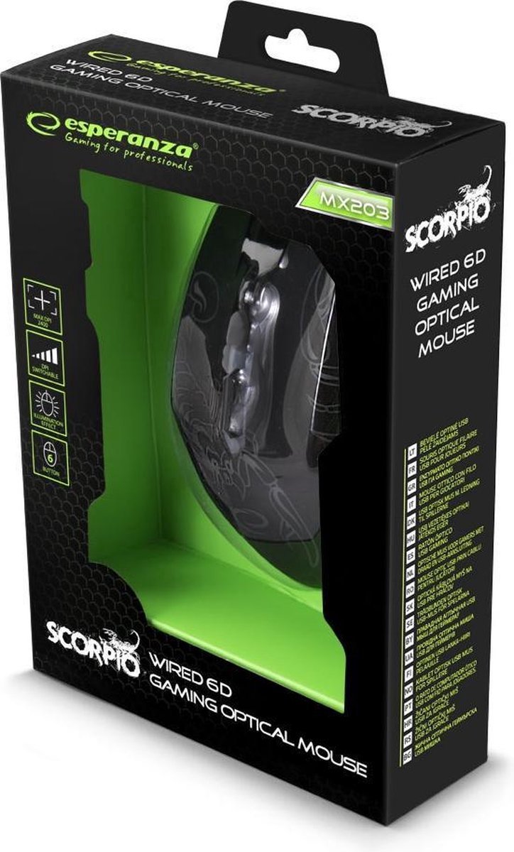 Esperanza MX203 SCORPIO - mouse - USB - blue - Muis - Optisch - 6 knoppen - Zwart