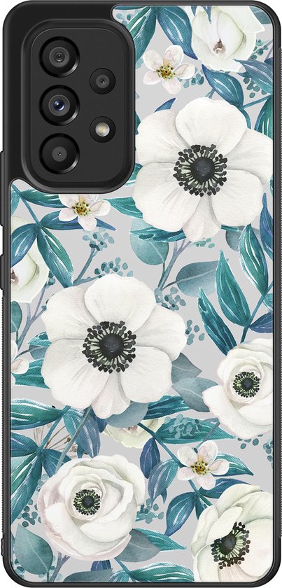 Coque Samsung Galaxy A53 - Fleurs Witte - Coque rigide - Zwart - Coque arrière - Fleurs - Blauw