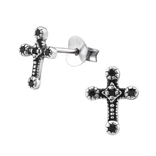 Joy|S - Zilveren kruis oorbellen - 7 x 9 mm - zirkonia zwart - geoxideerd