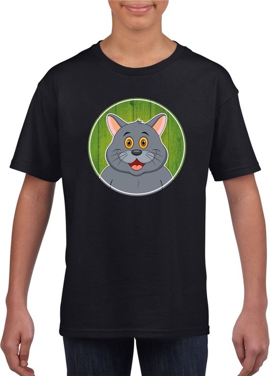 Kinder t-shirt zwart met vrolijke grijze kat print - katten shirt - kinderkleding / kleding 146/152