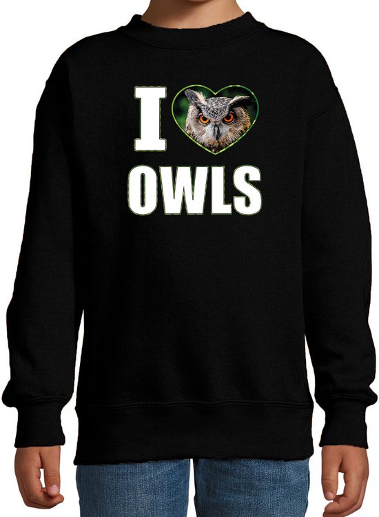 I love owls sweater met dieren foto van een uil zwart voor kinderen - cadeau trui uilen liefhebber - kinderkleding / kleding 122/128