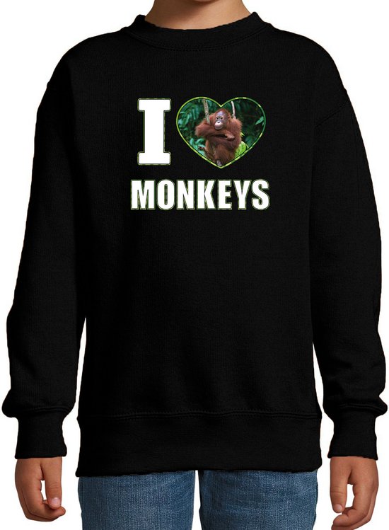 I love monkeys sweater met dieren foto van een Orang oetan aap zwart voor kinderen - cadeau trui apen liefhebber - kinderkleding / kleding 134/146