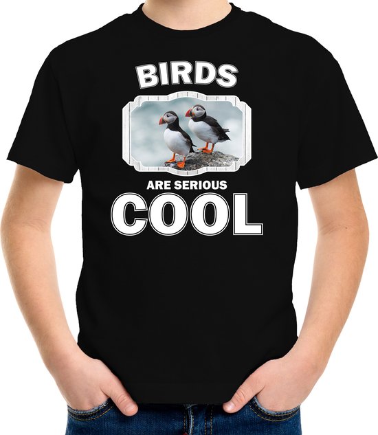 Dieren vogels t-shirt zwart kinderen - birds are serious cool shirt  jongens/ meisjes - cadeau shirt papegaaiduiker vogel/ vogels liefhebber - kinderkleding / kleding 146/152