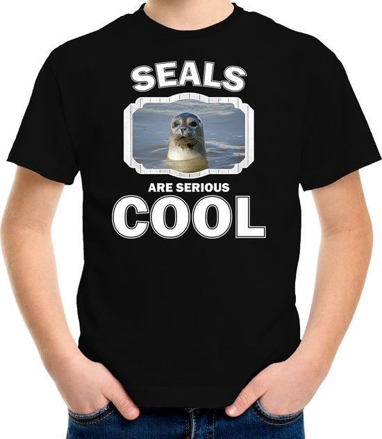 Dieren zeehonden t-shirt zwart kinderen - seals are serious cool shirt  jongens/ meisjes - cadeau shirt grijze zeehond/ zeehonden liefhebber - kinderkleding / kleding 110/116