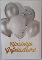 Hartelijk gefeliciteerd! Een feestelijke kaart met felgekleurde ballonnen in het grijs. Een leuke kaart om zo te geven of om bij een cadeau te voegen. Een dubbele wenskaart inclusief envelop en in folie verpakt.