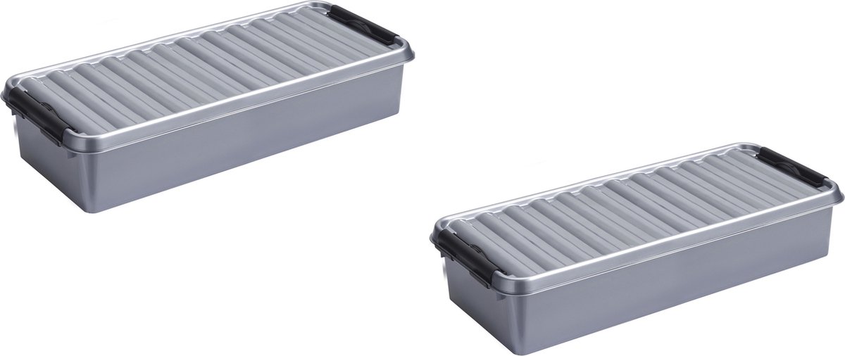 2x stuks opberg boxen/opbergdozen 6,5 liter metallic/zwart 48,5 x 19 x 10,5 cm - kunststof  - Praktische langwerpige opslagboxen