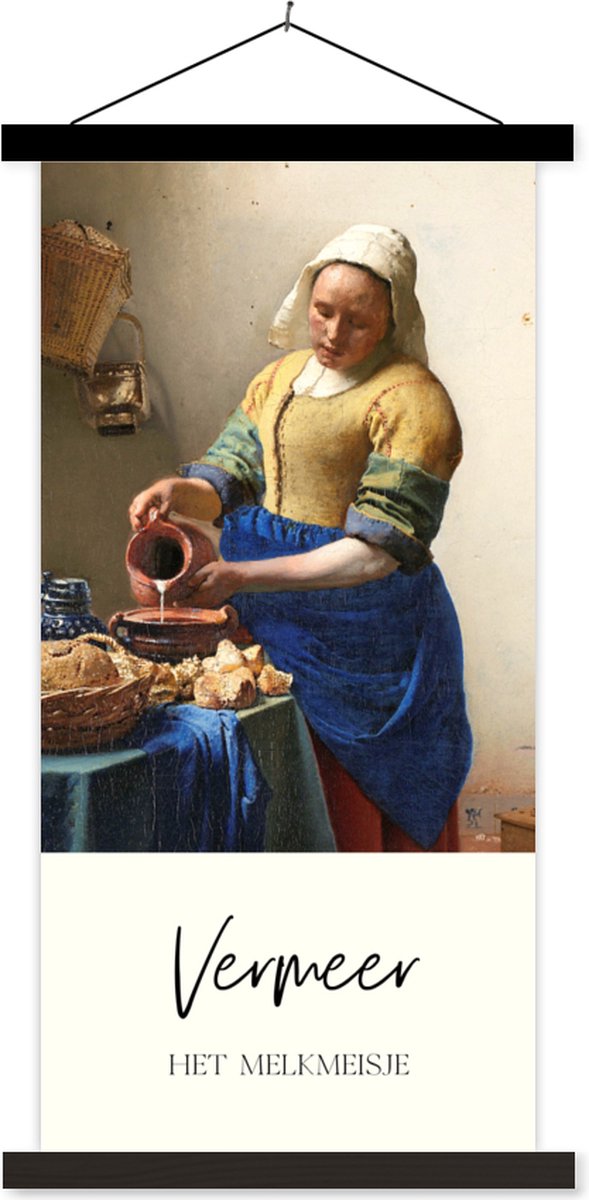 Posterhanger incl. Poster 90x180 cm - Schoolplaat - Kunst - Melkmeisje - Vermeer - Textielposter - Zwarte latten