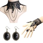 WiseGoods Luxe Vintage Sieraden Set - Choker Ketting - Steampunk Armband - Oorbellen / Kettingen / Armbanden Gothic Design - Zwart