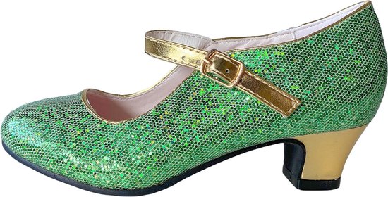 Prinsessen schoentjes Spaanse schoenen met hakje groen goud - Maat 30 (binnenmaat 19,5 cm) bij Anna prinsessenjurk - speelgoed schoenen -