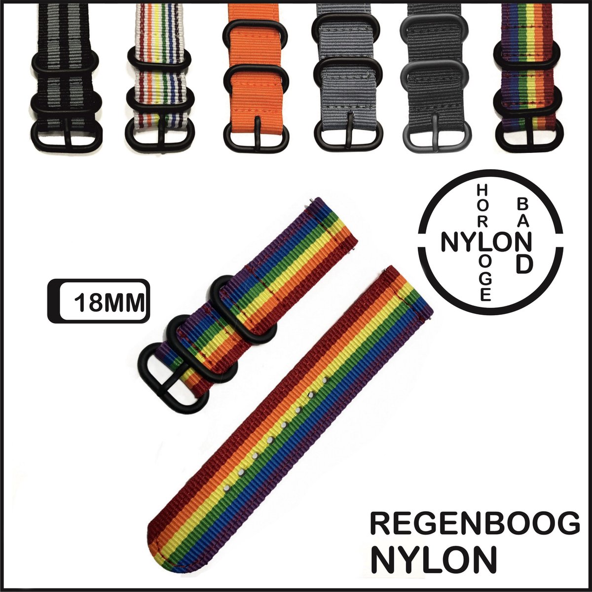 18mm Horlogeband Regenboog - Vintage Strap James Bond - Nato Strap collectie - Horlogebanden - 18 mm bandbreedte voor oa. Seiko Rolex Omega Casio en Citizen - Pushpin Quick release - Multi colour
