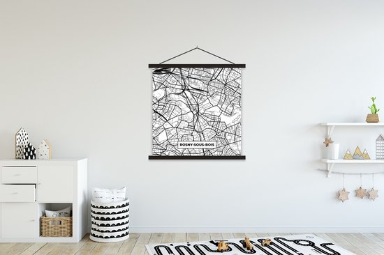 Porte-affiche avec Poster - Affiche scolaire - Carte - Rosny-sous-Bois - Carte - France - Plan de la ville - Zwart et blanc - 120x120 cm - Lattes noires
