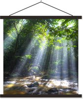 Posterhanger incl. Poster 60x60 cm - Schoolplaat - Zonnestralen dringen door de bomen het regenwoud in Maleisië binnen - Textielposter - Zwarte latten