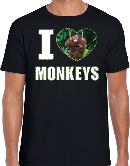 I love monkeys t-shirt met dieren foto van een Orang oetan aap zwart voor heren - cadeau shirt apen liefhebber M