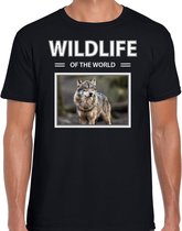 Dieren foto t-shirt wolf - zwart - heren - wildlife of the world - cadeau shirt wolven liefhebber XL