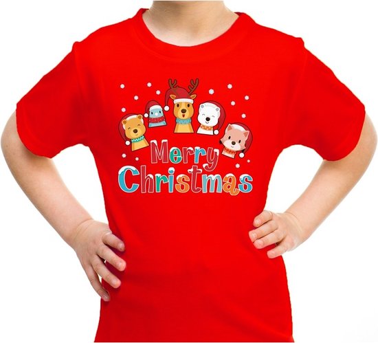 Foute kerst shirt / t-shirt dierenvriendjes Merry christmas rood voor kinderen - kerstkleding / christmas outfit 140/152