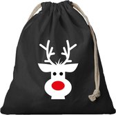 1x Kerst Rendier cadeauzakje zwart met sluitkoord - katoenen / jute zak - Kerst cadeauverpakking zakjes